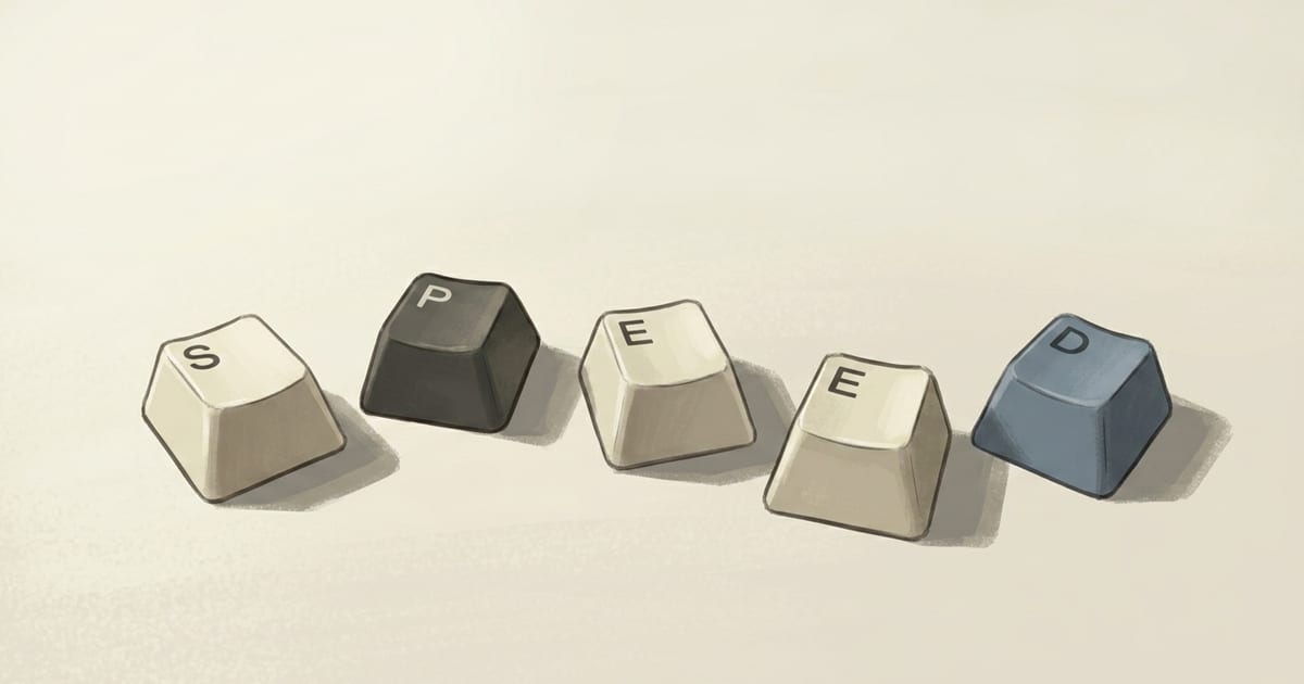 Five scattered mechanical keycaps on a pale surface spelling out SPEED in ivory, charcoal, slate-blue, and amber tones.